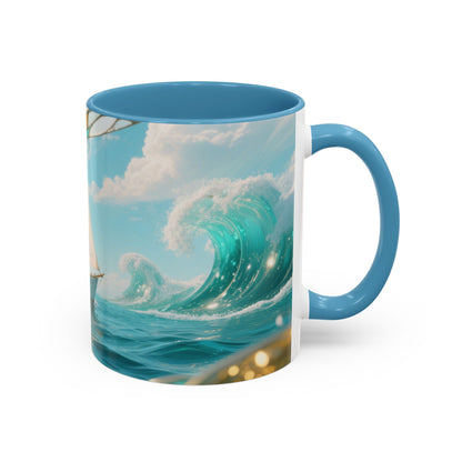 Sailboat Ocean Waves Accent Coffee Mug — Nautical Sea Morning Tea Cup US
