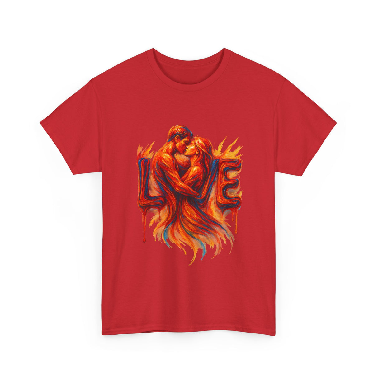 Colorful display of the Love Flames Graphic Tee — Fiery Embrace Romantic Couple T-Shirt in a cozy indoor environment.
