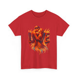 Colorful display of the Love Flames Graphic Tee — Fiery Embrace Romantic Couple T-Shirt in a cozy indoor environment.