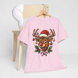 Rudolph design detail on the Christmas Reindeer Tee, perfect for adding whimsy to holiday attire.