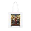 Close-up view of the Vintage Glamour Cotton Tote Bag featuring colorful artwork.