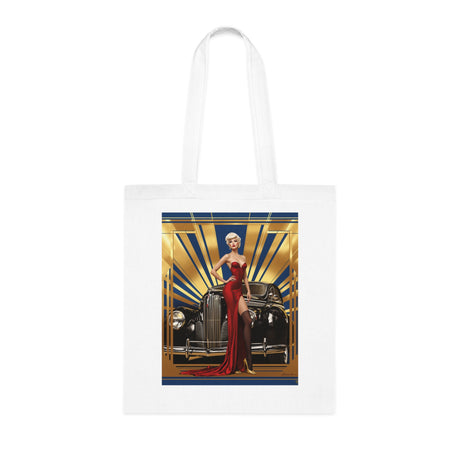 Close-up view of the Vintage Glamour Cotton Tote Bag featuring colorful artwork.
