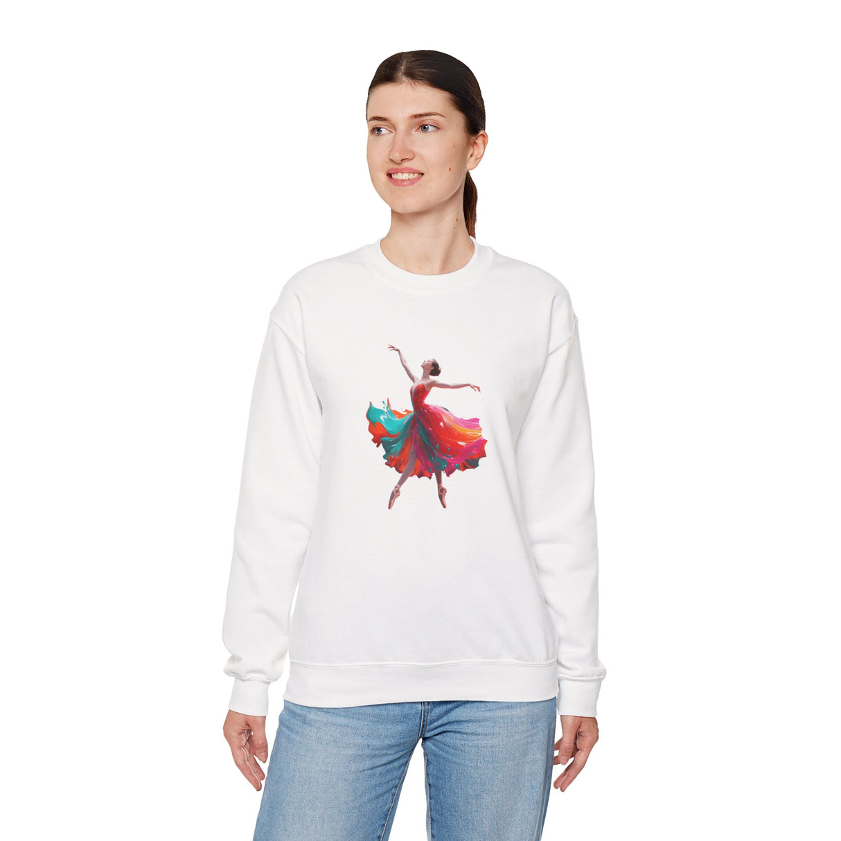 Dance Silhouette Crewneck Sweatshirt draped over a chair featuring its vivid ballet dancer print.