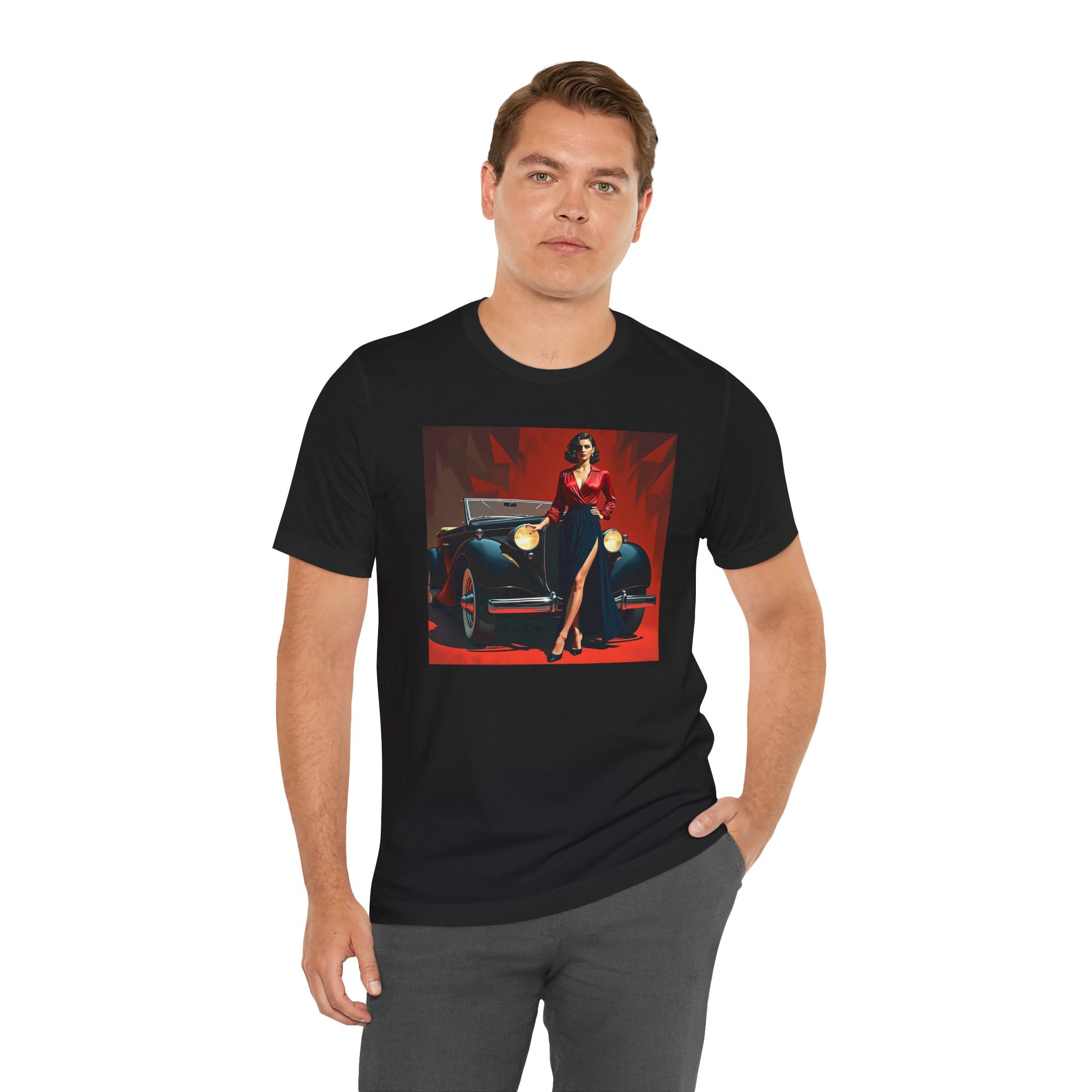 Retro Glamour Classic Tee For Him featuring a stylish vintage car graphic, perfect fashion tee for car lovers.