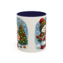 Flat lay of the Christmas Snowman Coffee Mug next to holiday gifts and decorations, perfect for festive occasions.
