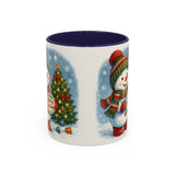 Flat lay of the Christmas Snowman Coffee Mug next to holiday gifts and decorations, perfect for festive occasions.