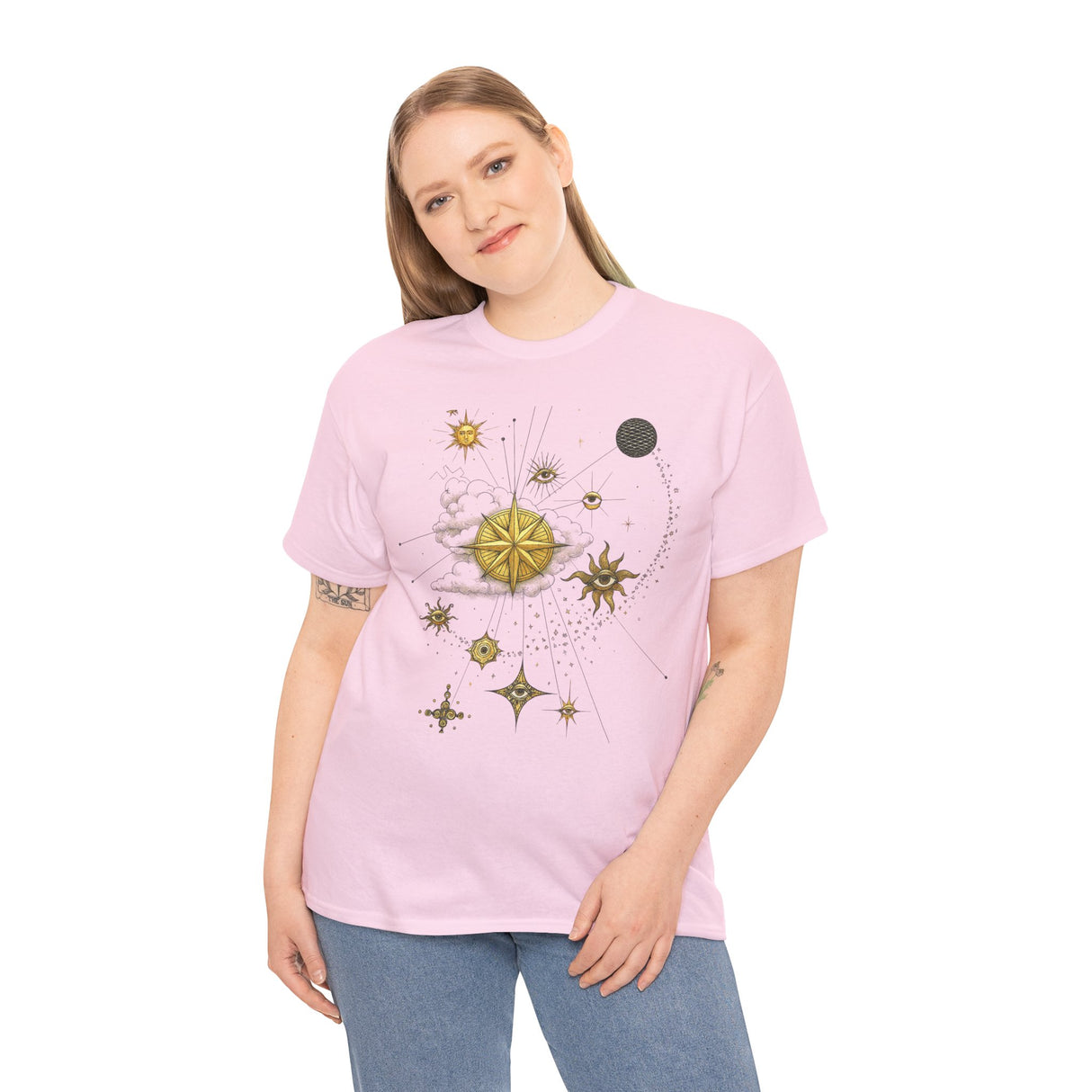 Celestial Compass Tee — Gold Star & Moon Astrology Graphic Shirt displayed against a backdrop of nature.