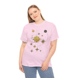 Celestial Compass Tee — Gold Star & Moon Astrology Graphic Shirt displayed against a backdrop of nature.