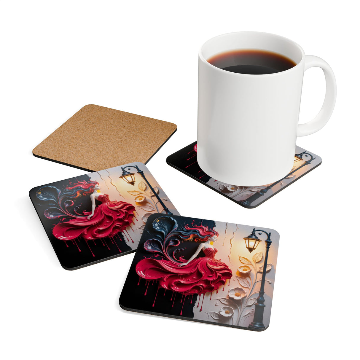 Art Nouveau Lady Cork Coaster Set — Elegant Red Dress Fantasy Drink Coasters
