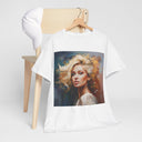 Close-up view of the Portrait Art T-Shirt displaying the intricate painterly design of a blonde woman.