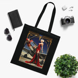 Flat lay of the Vintage Pin-Up Plane Tote — Red Dress Aviation Cotton Tote Bag showing its vibrant colors and strong reinforced handles.