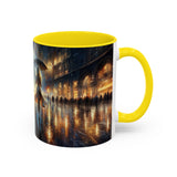Elegant Nighttime Cityscape Coffee Mug featured in lifestyle shots, great for coffee lovers.