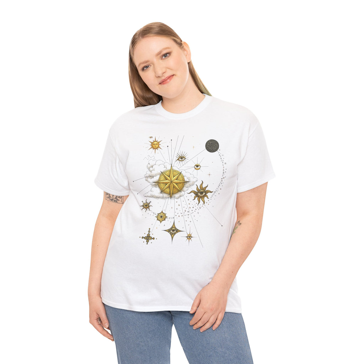 Celestial Compass Tee — Gold Star & Moon Astrology Graphic Shirt paired with comfortable bottoms for a laid-back look.