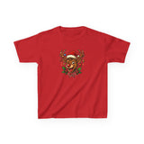 Kids Christmas Reindeer Tee — Cute Santa Hat Rudolph Holiday Shirt in a cozy indoor winter setting.