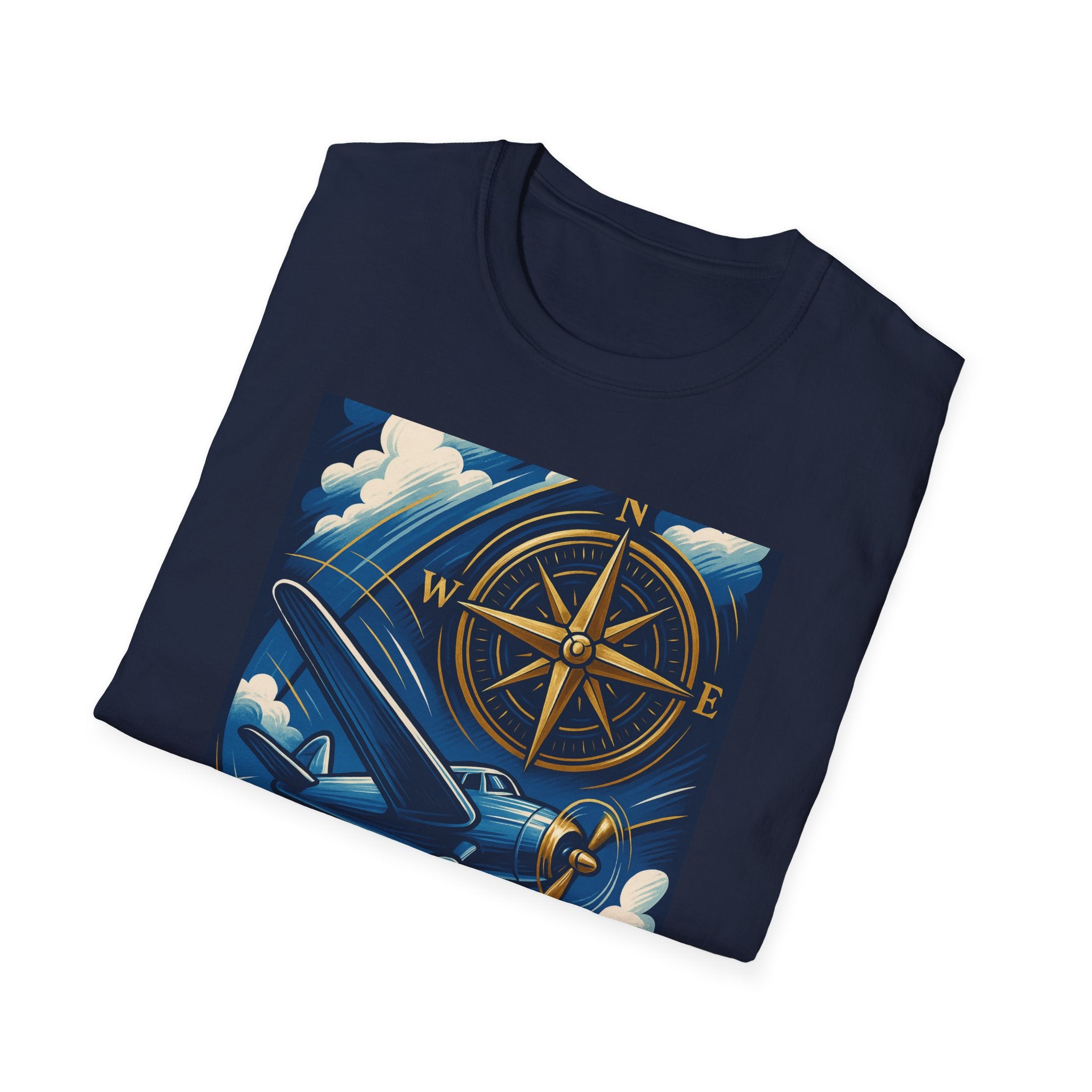 Flat lay of Adventure Compass T-Shirt with travel accessories, ideal for wanderlust-inspired gifts.