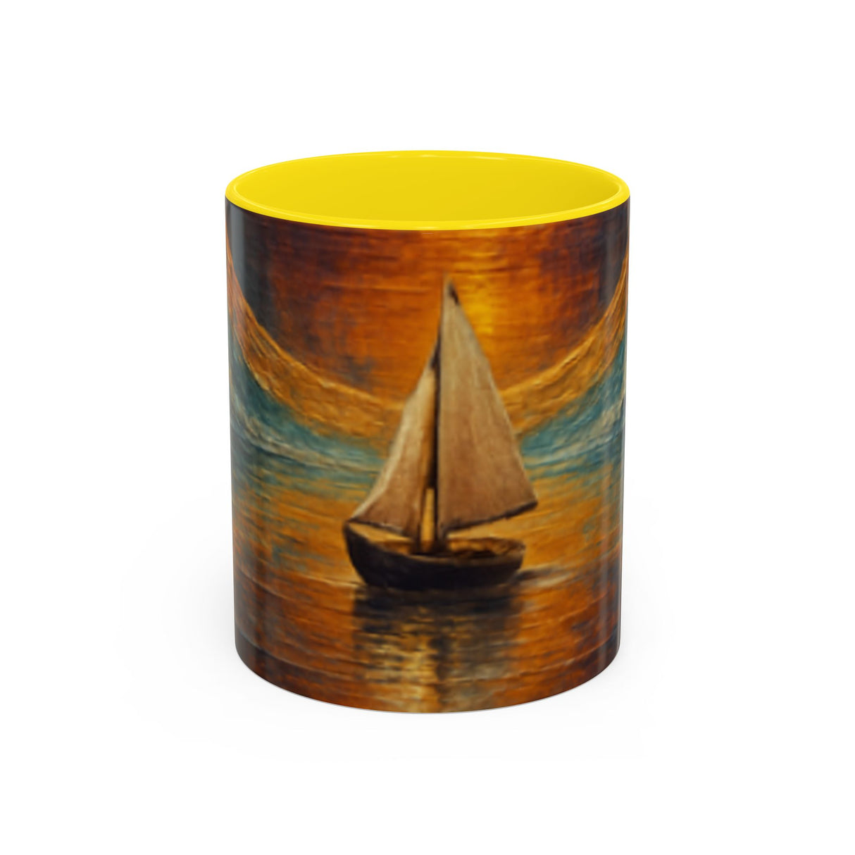 Sail into the Sun Ceramic Coffee Mug sitting on a kitchen counter, ideal for enjoying a calm morning coffee.