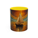 Sail into the Sun Ceramic Coffee Mug sitting on a kitchen counter, ideal for enjoying a calm morning coffee.