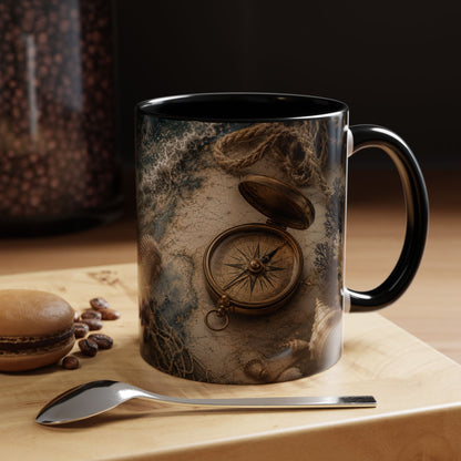 Nautical Compass Accent Coffee Mug – Vintage Sea Shells &amp; Compass Travel Design (11oz)