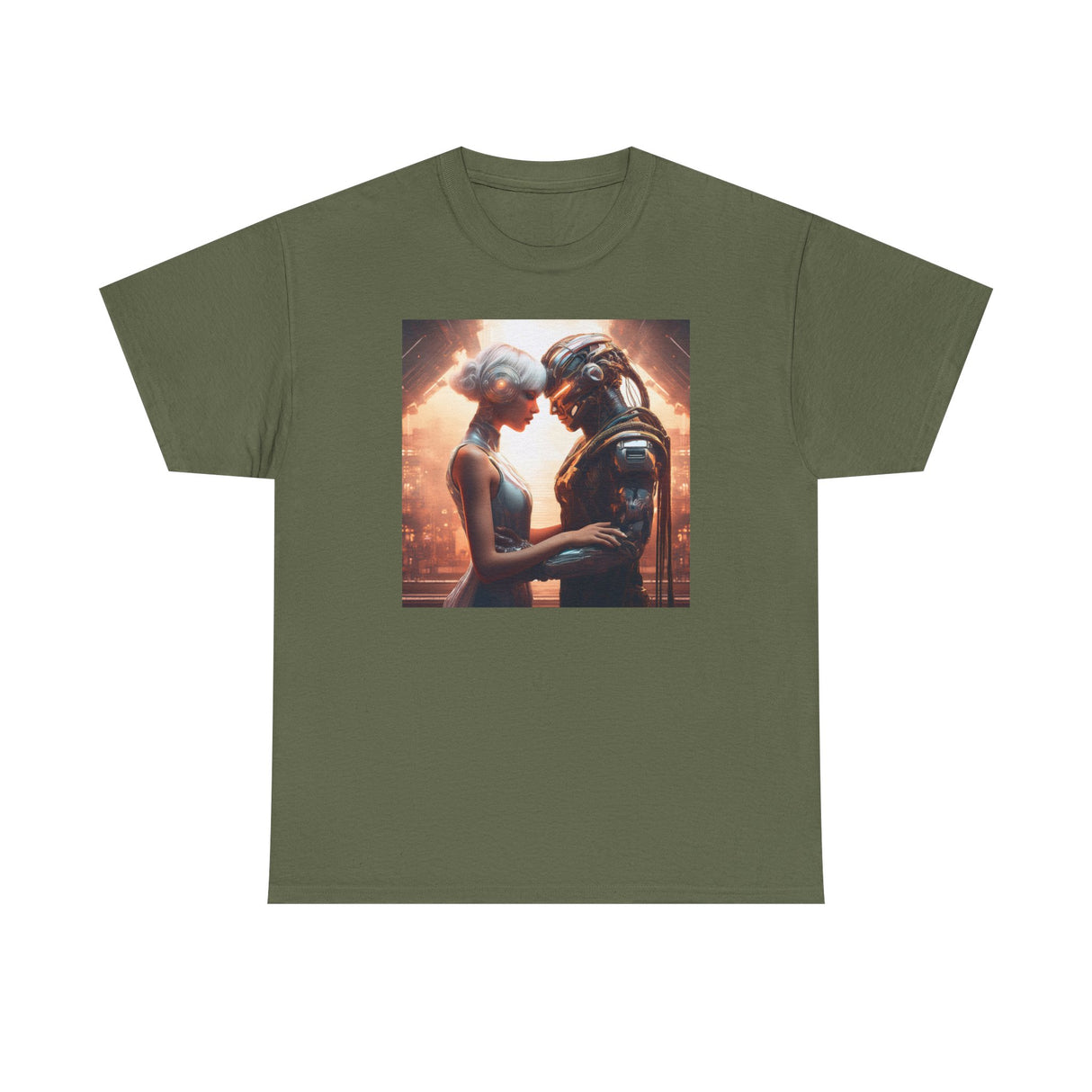 Romantic Sci-Fi Couple Tee — Futuristic Lovers Graphic T-Shirt displaying a soft cotton fabric with a chic crew neckline.