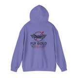 Front view of the Fly Bold Hoodie with aviation graphic, suitable for casual wear.