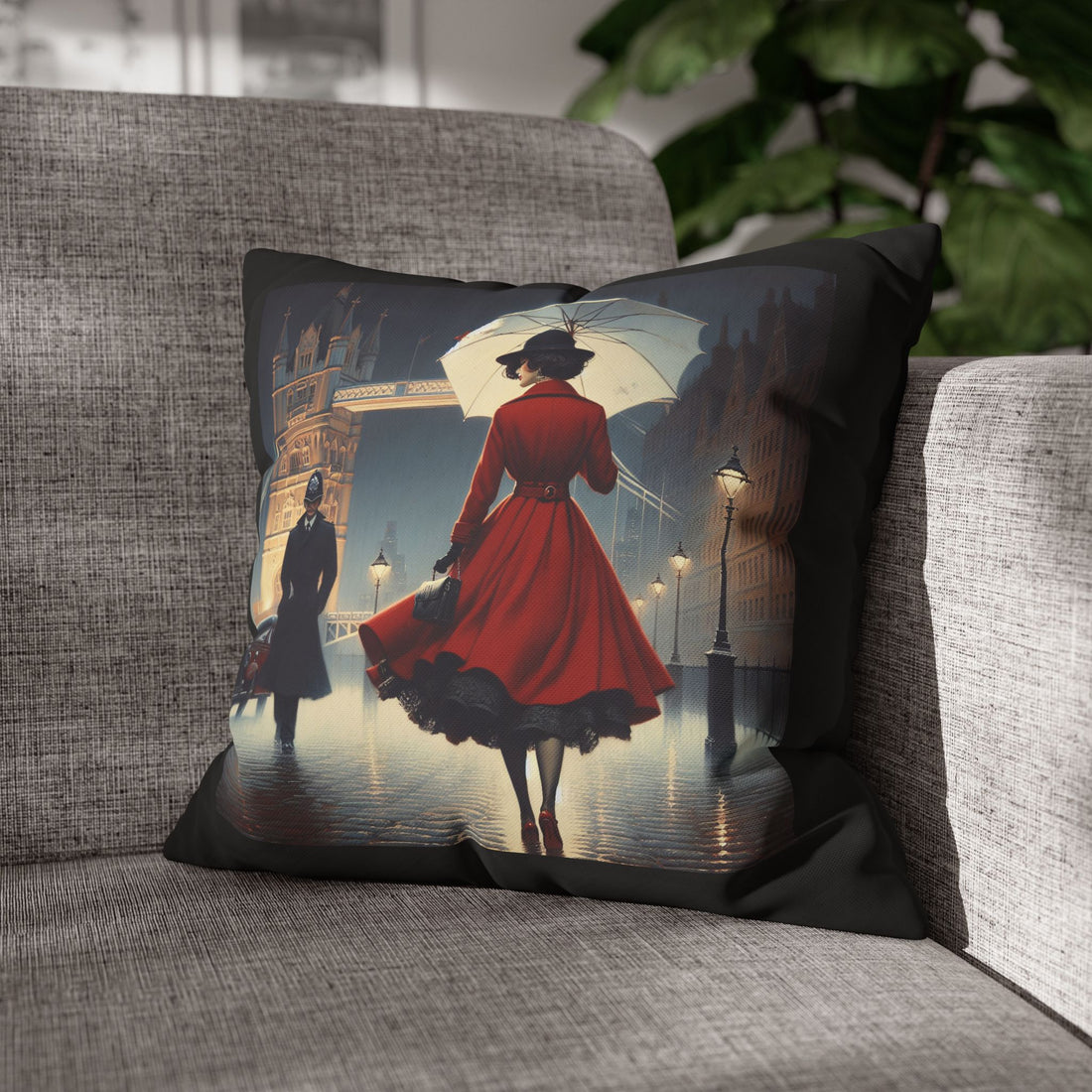 Vintage London Rain Cushion Cover featuring a woman in red coat and white umbrella walking on cobbled streets - 16" x 16" pillowcase.