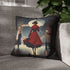 Vintage London Rain Cushion Cover featuring a woman in red coat and white umbrella walking on cobbled streets - 16" x 16" pillowcase.