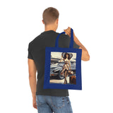 The Vintage Jetsetter Cotton Tote Bag positioned against a scenic background, perfect for travel enthusiasts.