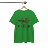 The Fly Bold Graphic Tee showcased against a backdrop of airplanes, perfect for pilots.