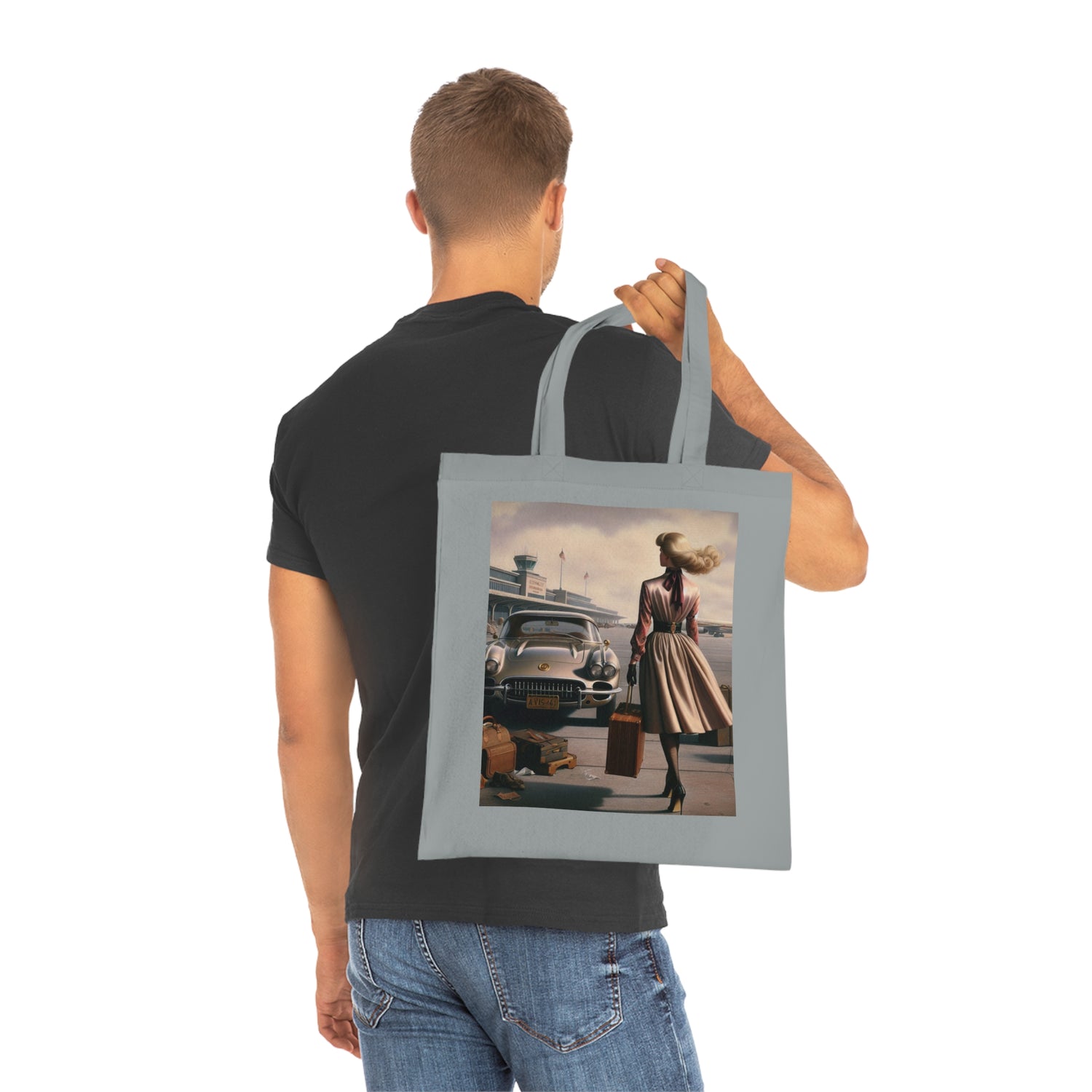 Close-up of the artistic details on the Vintage Travel Cotton Tote Bag.