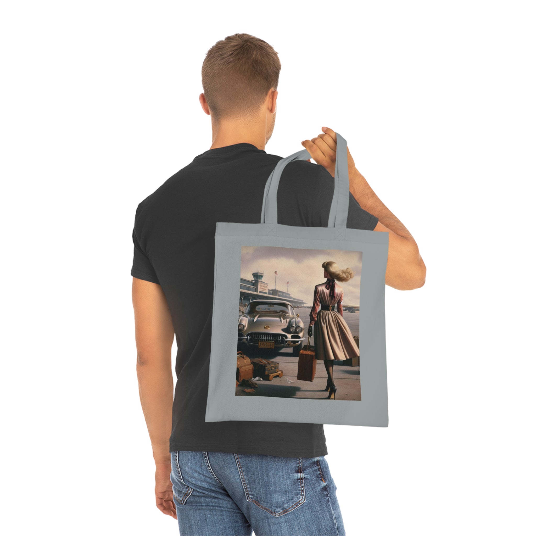Close-up of the artistic details on the Vintage Travel Cotton Tote Bag.