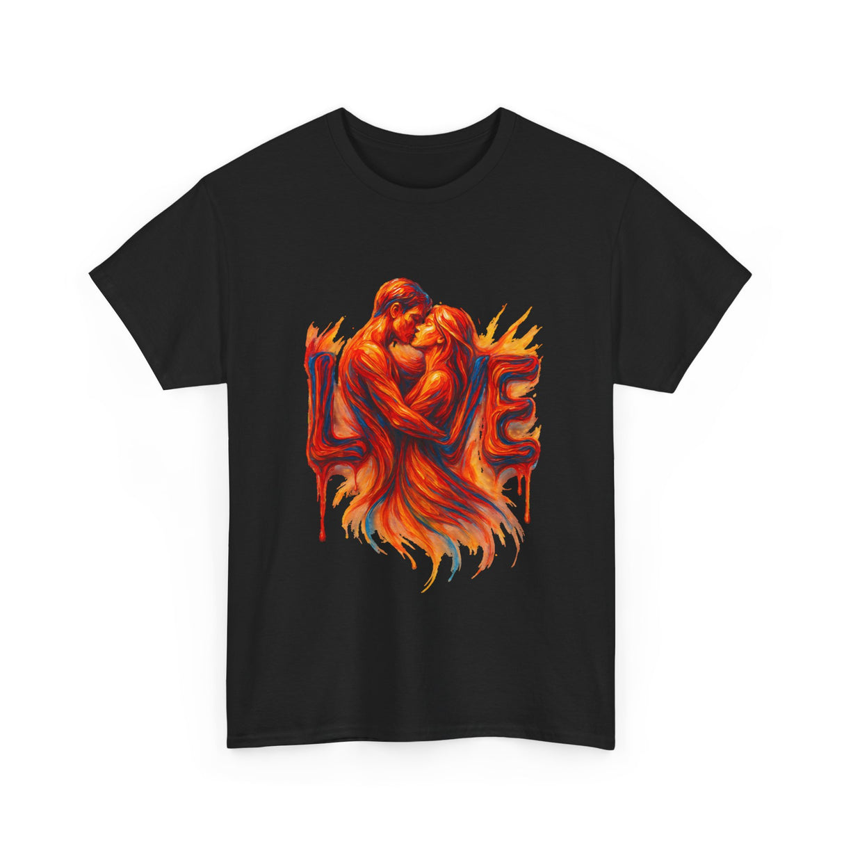 Lifestyle shot of a couple wearing the Love Flames Graphic Tee — Fiery Embrace Romantic Couple T-Shirt, perfect for casual outings.