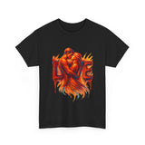 Lifestyle shot of a couple wearing the Love Flames Graphic Tee — Fiery Embrace Romantic Couple T-Shirt, perfect for casual outings.