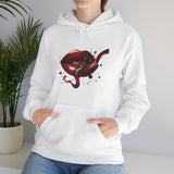 Artistic view of the Lip Bite Hoodie with the bold gothic red lips graphic, ideal for fashion-forward individuals.