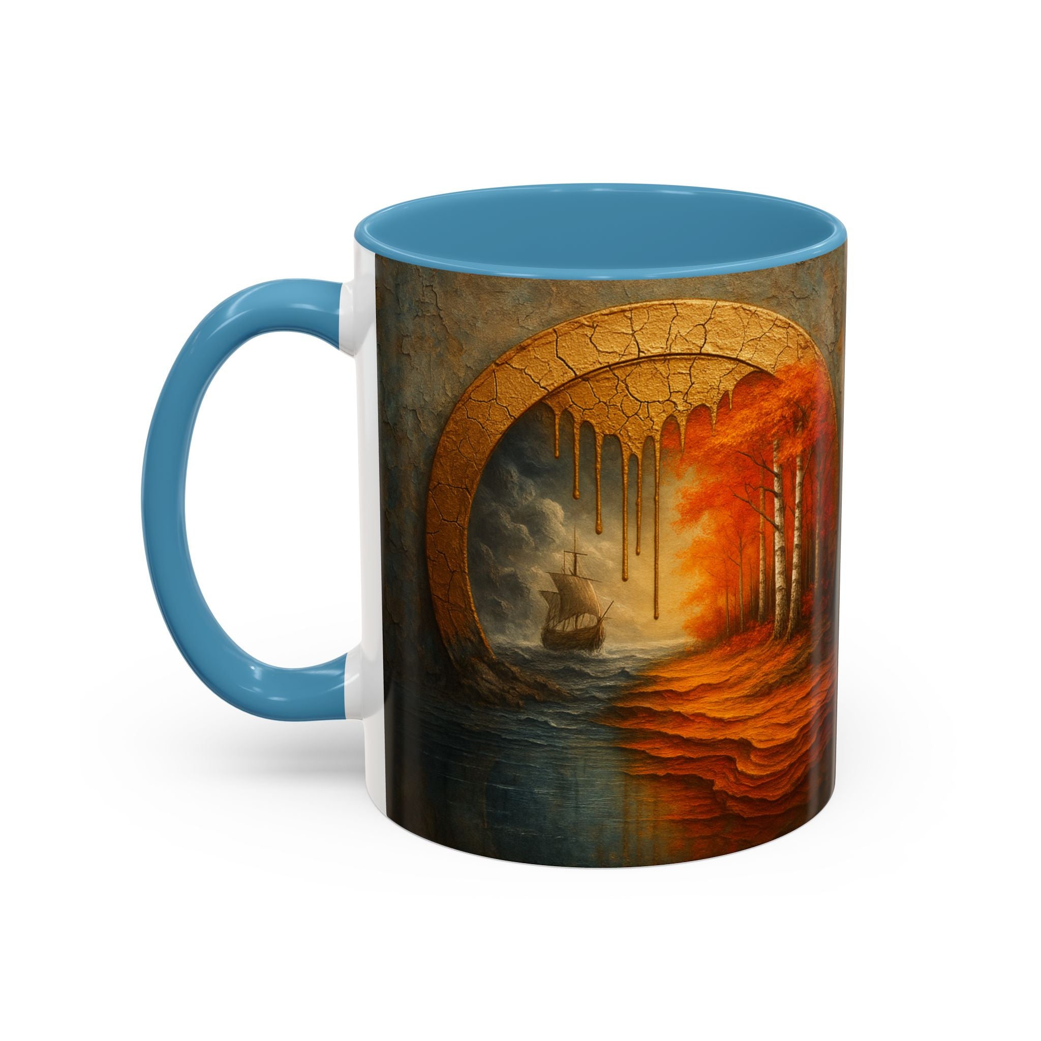 Creative workspace featuring the Autumn Portal Coffee Mug alongside art supplies.