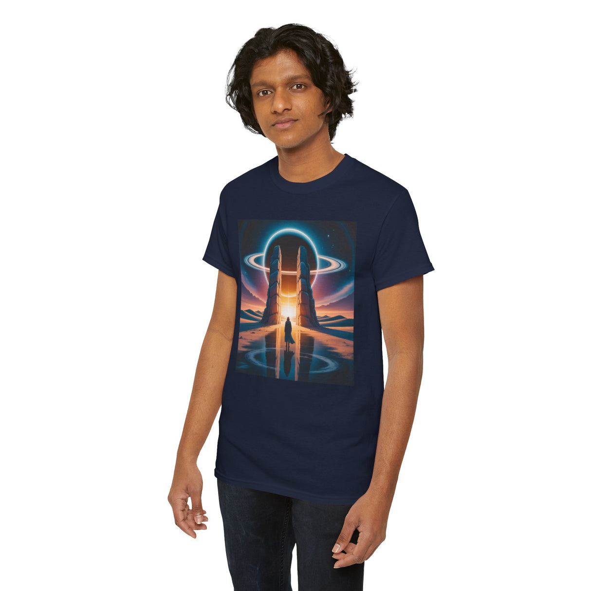 Cosmic Gateway Tee — Sci-Fi Sunset Portal Graphic T-Shirt featuring ribbed collar design for added style.