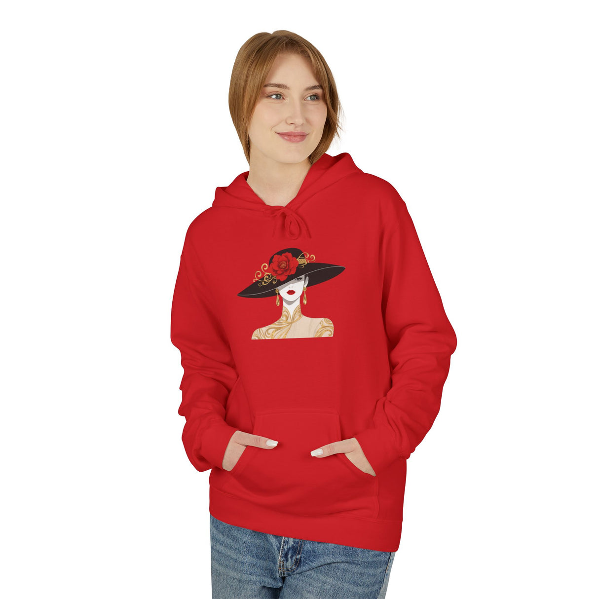 Elegant Lady in Wide-Brim Hat Hoodie — Fashion Illustration Pullover