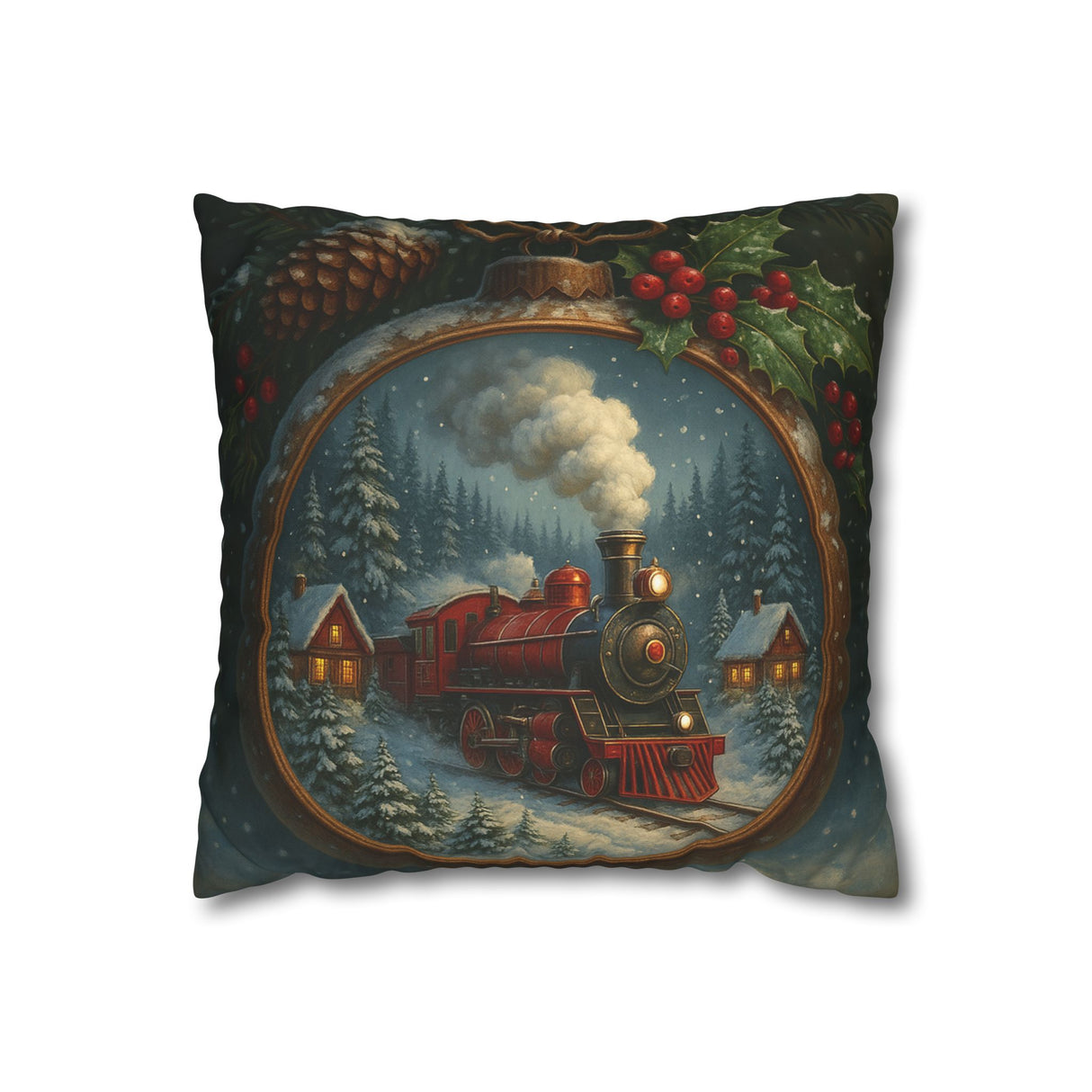 The Vintage Christmas Train Pillow - Holiday Winter Village Throw Pillowcase on a cozy sofa, adding festive winter charm.