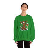Cute North Pole Holiday Sweater Women Sweatshirt displaying a happy reindeer with a Santa hat.
