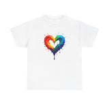 Close-up of the colorful heart detail on the Rainbow Drip Heart T-Shirt, emphasizing the artistic watercolor style.