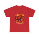 Flat lay of the Love Flames Graphic Tee — Fiery Embrace Romantic Couple T-Shirt showcasing its vibrant color and design.