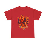 Flat lay of the Love Flames Graphic Tee — Fiery Embrace Romantic Couple T-Shirt showcasing its vibrant color and design.