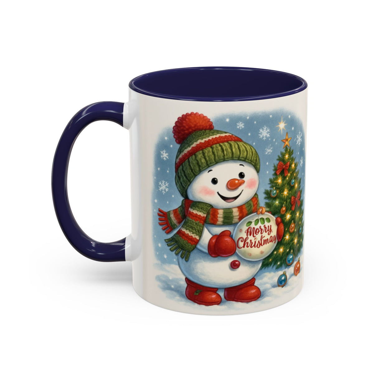 Colorful Christmas Snowman Coffee Mug on a decorative table, surrounded by other holiday-themed items.