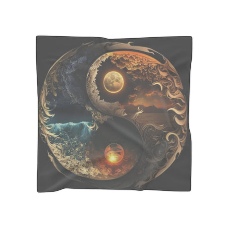 Yin Yang Sun & Moon Silk-Look Scarf showcasing celestial sunset and ocean art, 25" x 25" design for stylish layering.