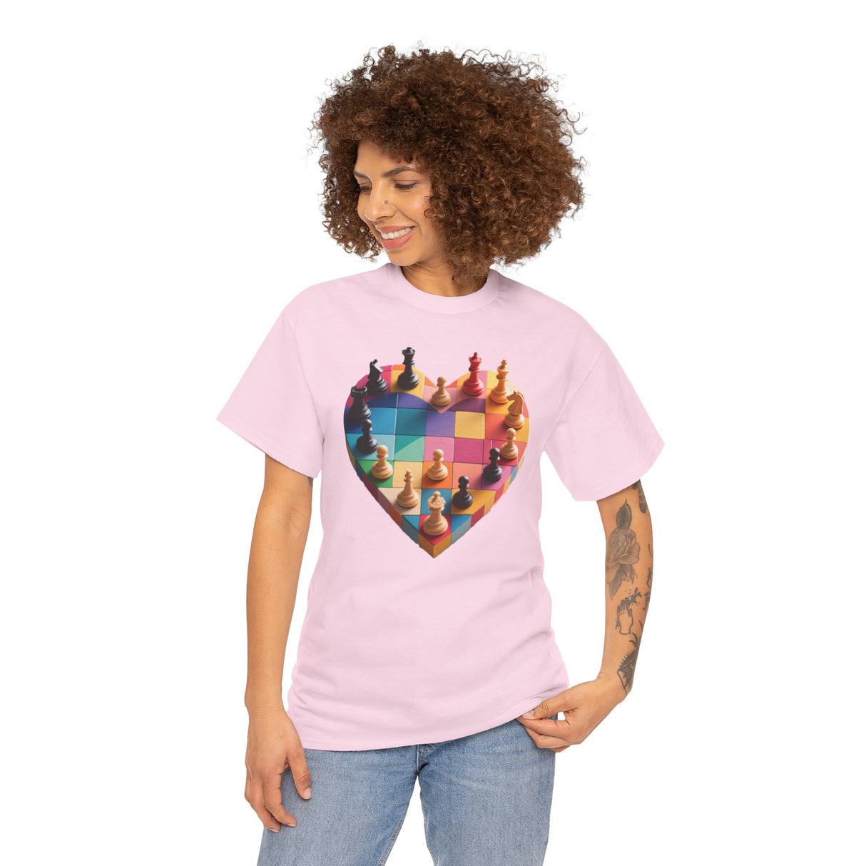 Elegant shot of the Chess Heart T‑Shirt in a colorful setting, great for gifts.