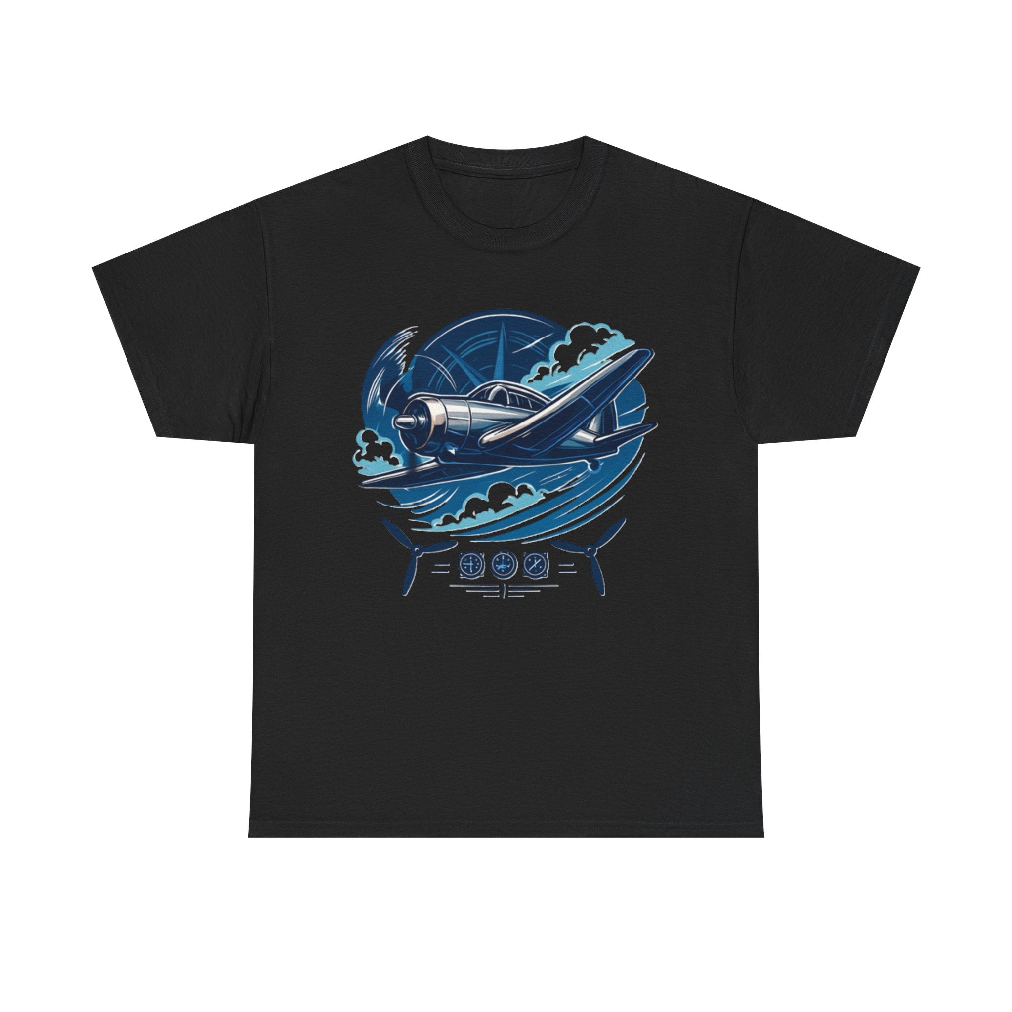 Back view of the Vintage Propeller Plane T-Shirt highlighting its smooth tubular knit construction and ribbed collar.