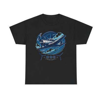 Back view of the Vintage Propeller Plane T-Shirt highlighting its smooth tubular knit construction and ribbed collar.