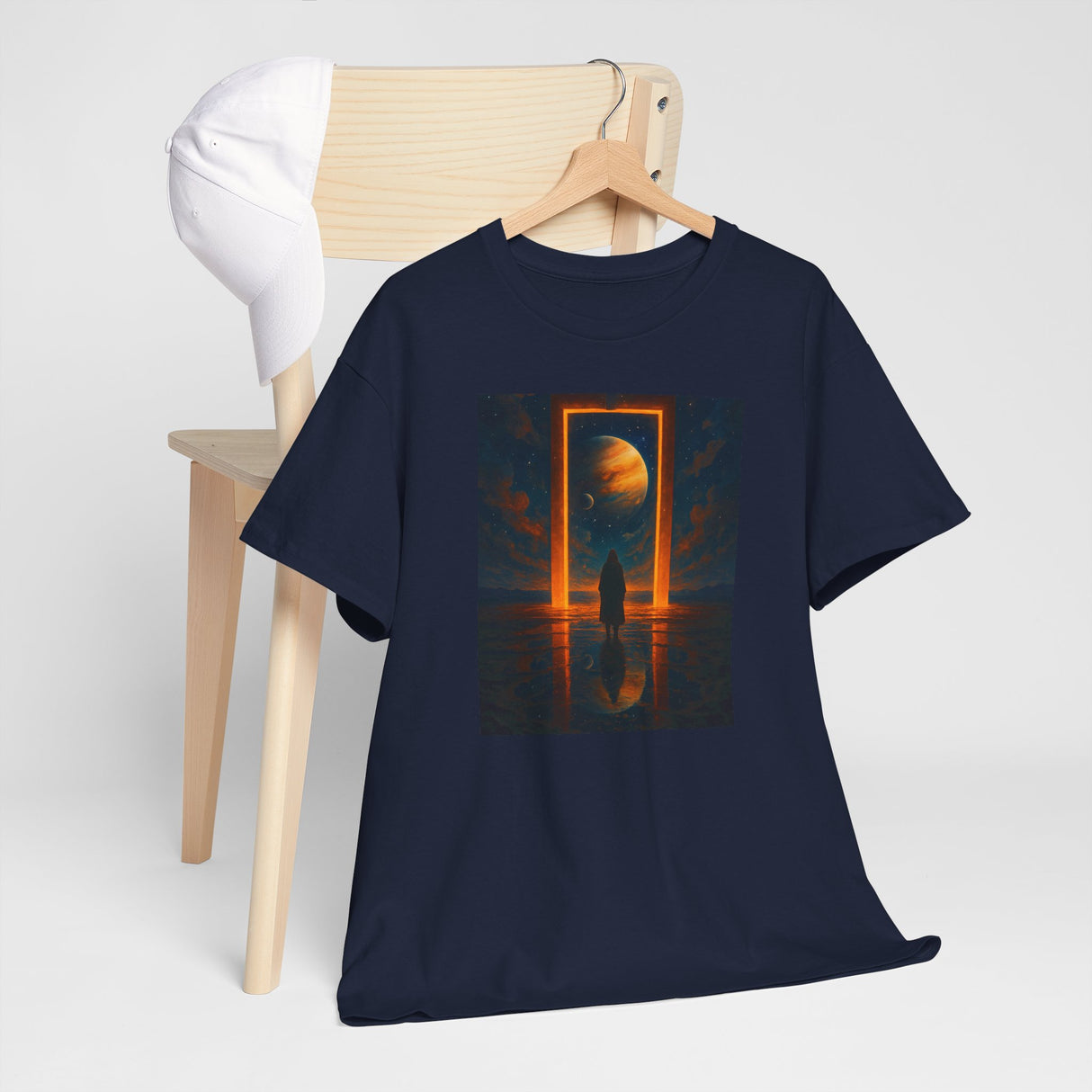 Surreal Portal Moon Tee against a city backdrop, perfect for stargazing or a casual night out.