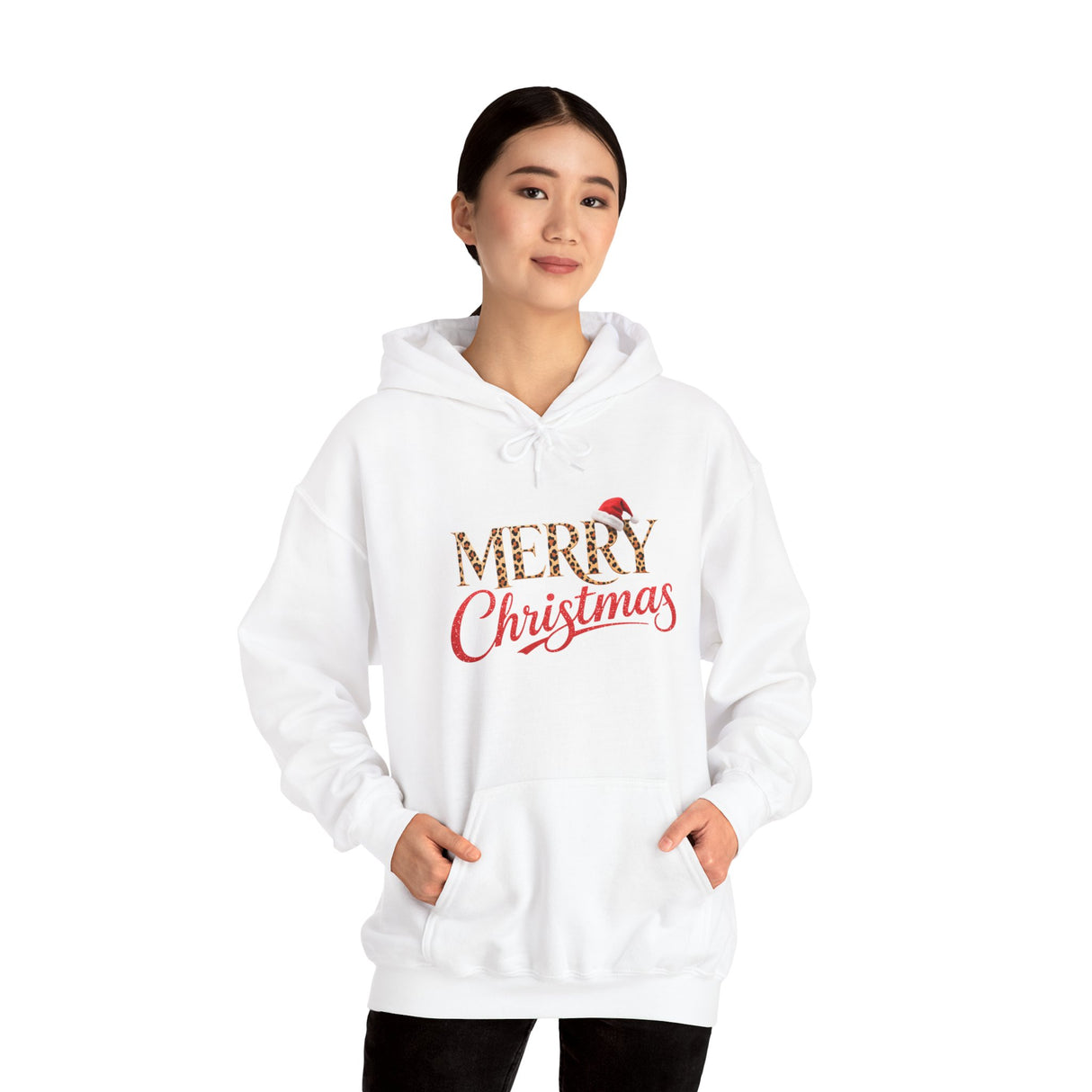 Close-up of Merry Christmas Hoodie design with cheerful script and leopard print.