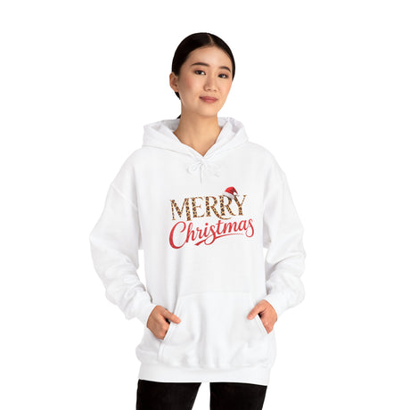Close-up of Merry Christmas Hoodie design with cheerful script and leopard print.