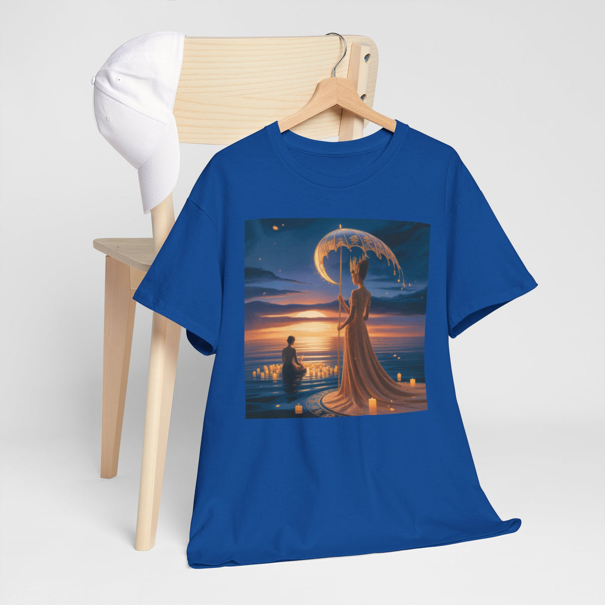 Romantic Moonlit Couple T-Shirt — Sunset Fantasy Illustration Tee featuring a serene sunset design with a couple by the water.